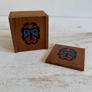 First Nations Wood Box with Mask Artwork - Wooden Storage Box with Slide Top